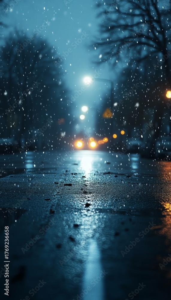 Fototapeta premium Serene Evening Snowfall on City Street, Reflecting Dim Road Lights in a Moody Winter Night Scene