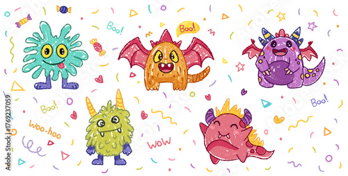 Cute crayon monster set, doodle spooky kids creature, colorful hand drawn pencil vector illustration. Monster drawing for kids or children notes or cover design