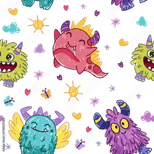 Seamless pattern with crayon children drawing. Vector cartoon doodle illustration with cute kind monsters for halloween or notebook cover