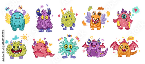 Cute crayon monster set, doodle spooky kids creature, colorful hand drawn pencil vector illustration. Monster drawing for kids or children notes or cover design