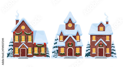 Fotografía A collection of cute cartoon brick houses decorated for Christmas, covered in sn