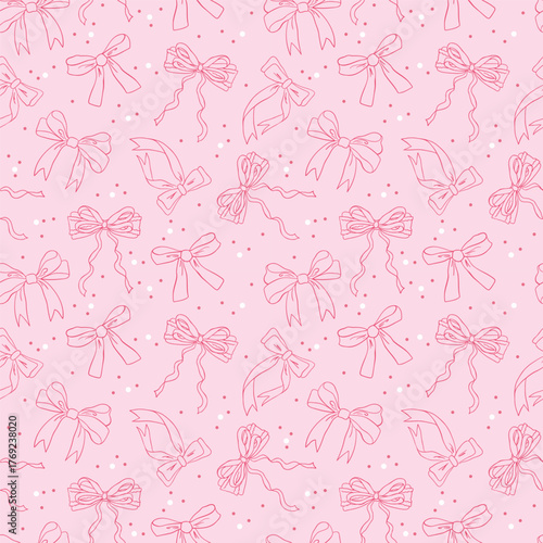 Cute bows on a seamless pattern of long ribbons. Romantic coquette on a pink background, charming design