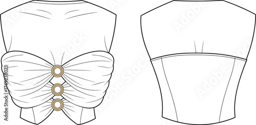 Strapless top technical sketch, sweetheart neckline, ruched bust, button detail, fitted back, fashion flat, cad drawing flat vector illustration