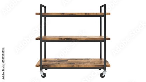 A wheeled wooden shelf unit on transparent background