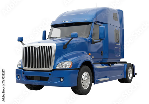 Isolated long-haul blue semi-truck with a high-roof sleeper cab and modern styling
