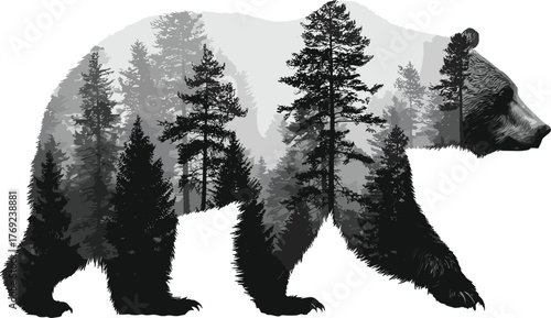 Creative bear shape filled with forest trees vector double exposure style