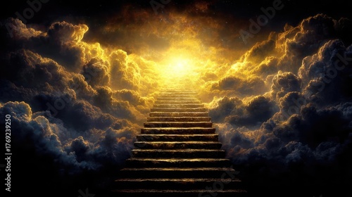 Staircase or path to heaven of enlightenment concept. A breathtaking view of steps leading to radiant light in clouds.