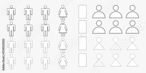 Collection of male and female figures and blank rectangles and triangles on a white background