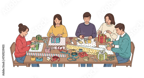 Group of people at a table wrapping gifts with colorful paper