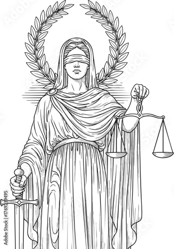 Blindfolded Lady Justice in a draped robe holding balanced scales and a sword with a laurel wreath.