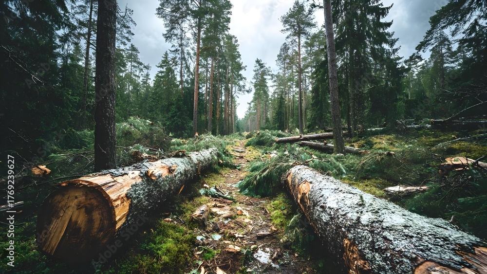 Fototapeta premium A forest path lined with felled logs and fallen branches among tall pine trees. Concept Forest Path Between Tall Pine Trees, Logs and Fallen Branches Lining the Trail
