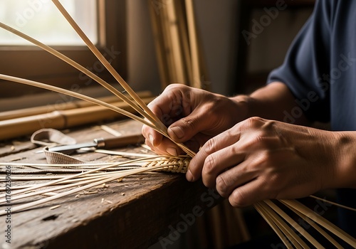 Closeup of hands weaving bamboo strips to create a traditional craft on a wooden table