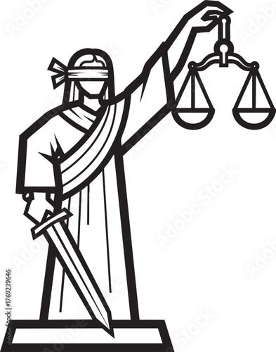 Bold black line art of a blindfolded Lady Justice raising scales of justice and holding a sword.