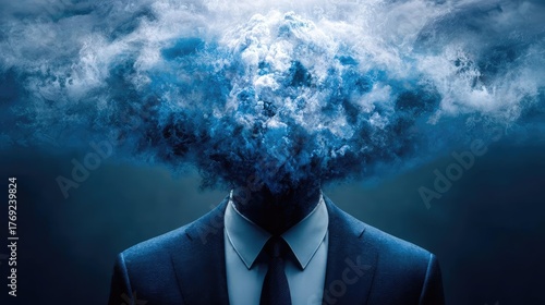 Man in a business suit with a blown head concept. A conceptual depiction of a human with a clouded mind.
