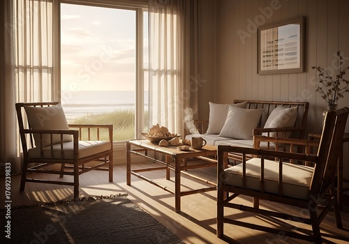 Elegant living room with ocean view, featuring wooden furniture and warm sunset glow