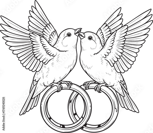 Elegant black and white line art of two lovebirds kissing perched on intertwined wedding rings.