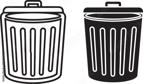 Two Trash Can Icons One Outline One Solid Black garbage can