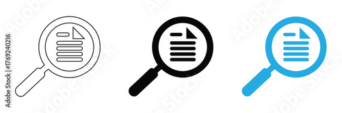 Find your files quickly with search magnifying glass icon,Document with Magnifying Glass Outline and Silhouette Icon Set.Collection of Study and Research Symbols.Application Form,editable stroke icons