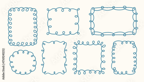 Wavy doodle frame stamp set, hand-drawn curly engagement monograms. Edgings cadres simple sketchy scribble swirl design photo decoration old-fashioned greeting elements. Isolated. Vector illustration