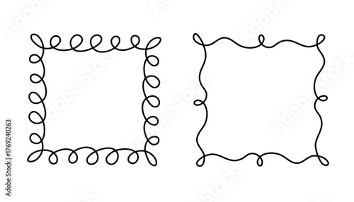 Square doodle frame stamp, hand-drawn wavy curly engagement monograms. Edgings and cadres with simple sketchy scribble swirl design photo decoration old-fashioned greeting elements. Isolated. Vector
