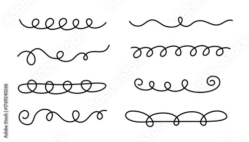 Hand drawn curly wavy marker underlines strokes set. Tendril swirl doodle style various strips art lines emphasis accentuation volute collection. Isolated. Vector illustration