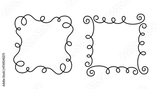 Square doodle frame stamp, hand-drawn wavy curly engagement monograms. Edgings and cadres with simple sketchy scribble swirl design photo decoration old-fashioned greeting elements. Isolated. Vector