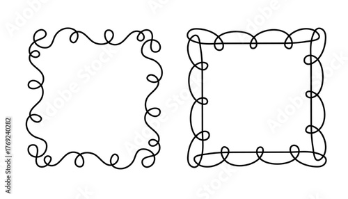 Square doodle frame stamp, hand-drawn wavy curly engagement monograms. Edgings and cadres with simple sketchy scribble swirl design photo decoration old-fashioned greeting elements. Isolated. Vector