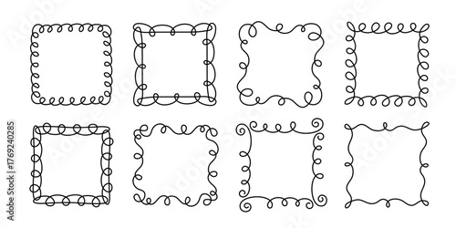 Square doodle frame stamp, hand-drawn wavy curly engagement monograms. Edgings and cadres with simple sketchy scribble swirl design photo decoration old-fashioned greeting elements. Isolated. Vector