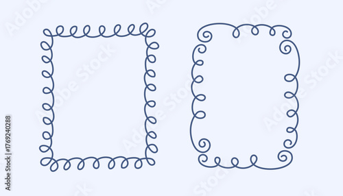 Rectangular doodle frame stamp, hand-drawn wavy curly engagement monograms. Edgings and cadres with simple sketchy scribble swirl design photo decoration old-fashioned greeting elements. Isolated. 