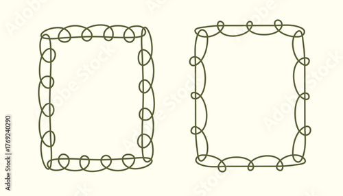 Rectangular doodle frame stamp, hand-drawn wavy curly engagement monograms. Edgings and cadres with simple sketchy scribble swirl design photo decoration old-fashioned greeting elements. Isolated. 