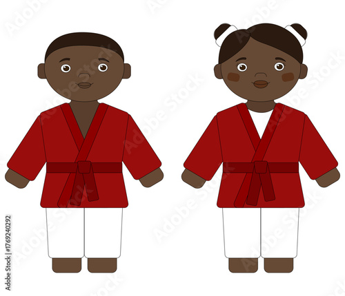 Vector illustration of two cartoon characters in red kimonos on a white background. The design features a boy and a girl, suitable for children's themed projects.