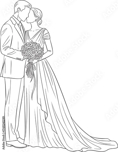 Elegant line art illustration of a bride and groom kissing while holding a bouquet.