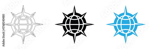 compass with a world logo,The Simple Global Compass Logo,Nautical compass rose globe icon set in black blue outline, editable stroke icons,
