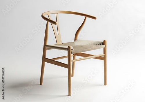 A light wood wishbone chair with a woven seat, isolated on white background