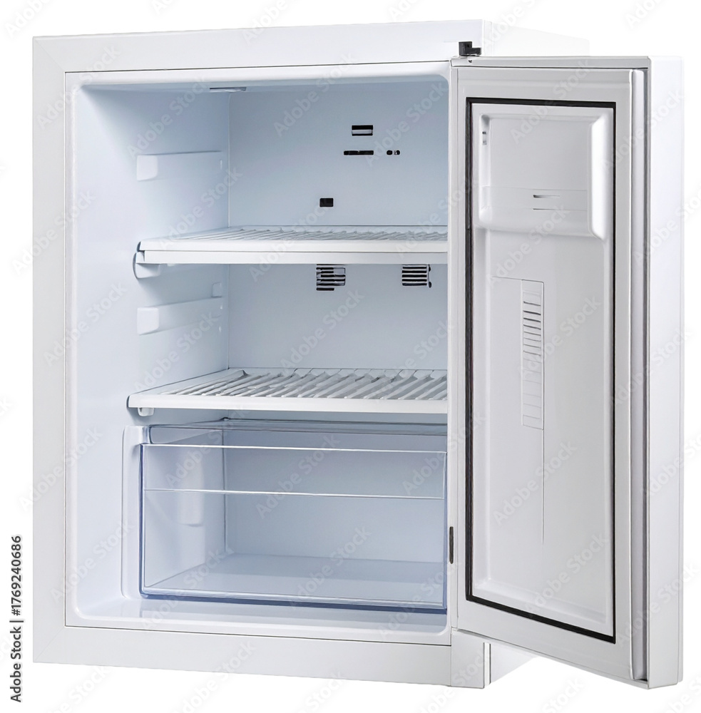 Fototapeta premium open small freezer or fridge in white color isolated on white background