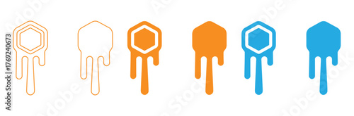 Honey and beekeeping flat icons vector set with editable stroke. Bee, beehive, honeycomb, honey, jars, hive, spoons,honey dripping in orange and blue color schemes,editable stroke icons,