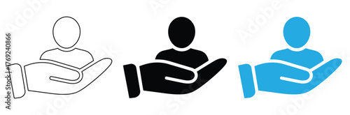 hand holding a group of people icon set. Symbolizes community, support, teamwork, leadership, and care.We offer care and support to build strong relationships now,editable stroke icons,