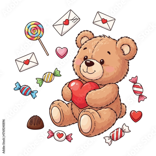 Colorful illustration showing a love bear with candies and romantic notes.