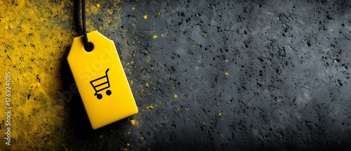 Yellow Black E-commerce Promotion Tag Design with Shopping Cart Icon on Rough Background Marketing Material