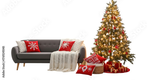 Cozy sofa with christmas tree and gifts, isolated on transparent background