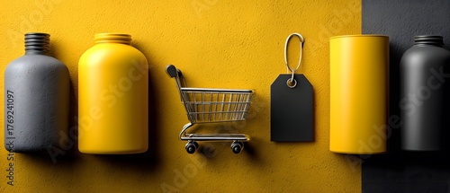 Yellow Black E-commerce Promotion Scene Design with Shopping Cart, Price Tag & 3D Products Marketing Material