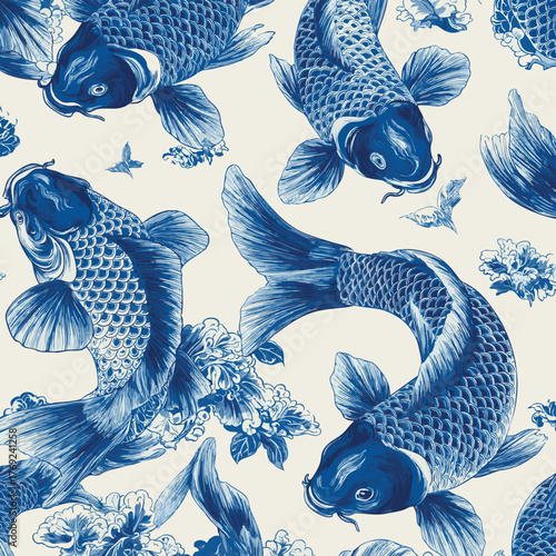 Original seamless pattern of a koi fish, carp in blue and white colors, Chinese new year, Asian festives. Graceful background, wrapping paper, fabric swatch