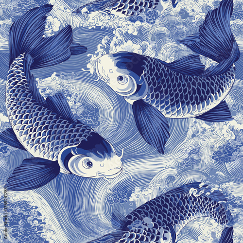 Original seamless pattern of a koi fish, carp in blue and white colors, Chinese new year, Asian festives. Graceful background, wrapping paper, fabric swatch