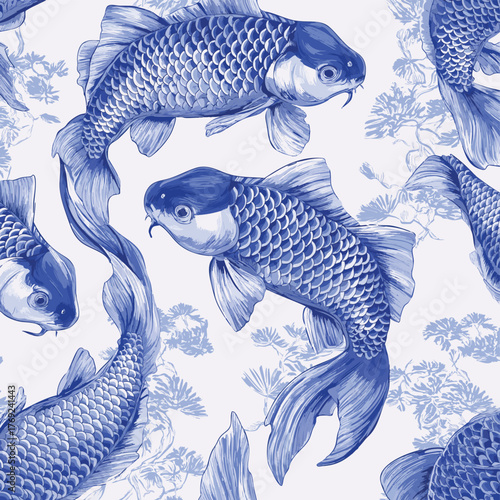 Original seamless pattern of a koi fish, carp in blue and white colors, Chinese new year, Asian festives. Graceful background, wrapping paper, fabric swatch