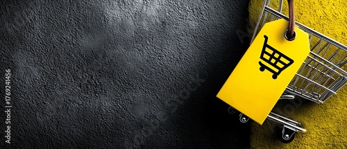 Black Yellow E-commerce Promotion Background with Shopping Cart Tag Creative Marketing Material