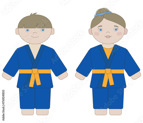 Vector illustration of a boy and girl wearing blue karate uniforms with orange belts on a white background. Isolated characters suitable for children's educational materials.