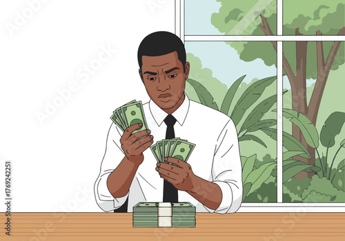 A Black businessman counting a large stack of cash at his desk. Financial concept of wealth, income, and savings. Cartoon graphic with copy space