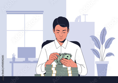 Man counting cash at an office desk. Business finance, income, and wealth concept. Flat design graphic of a rich person with stacks of money
