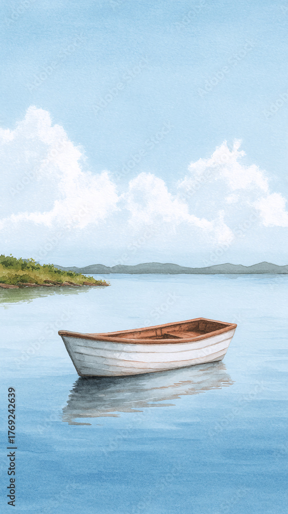Naklejka premium A Serene Seascape Featuring a Tranquil Boat Floating on Calm Waters Beneath a Bright Blue Sky