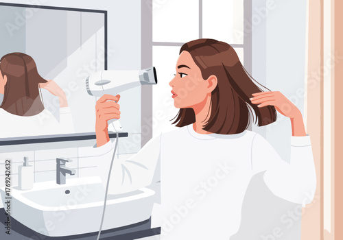 Woman drying her hair with a hairdryer in the bathroom. Daily hair care and beauty routine at home. Modern flat design graphic